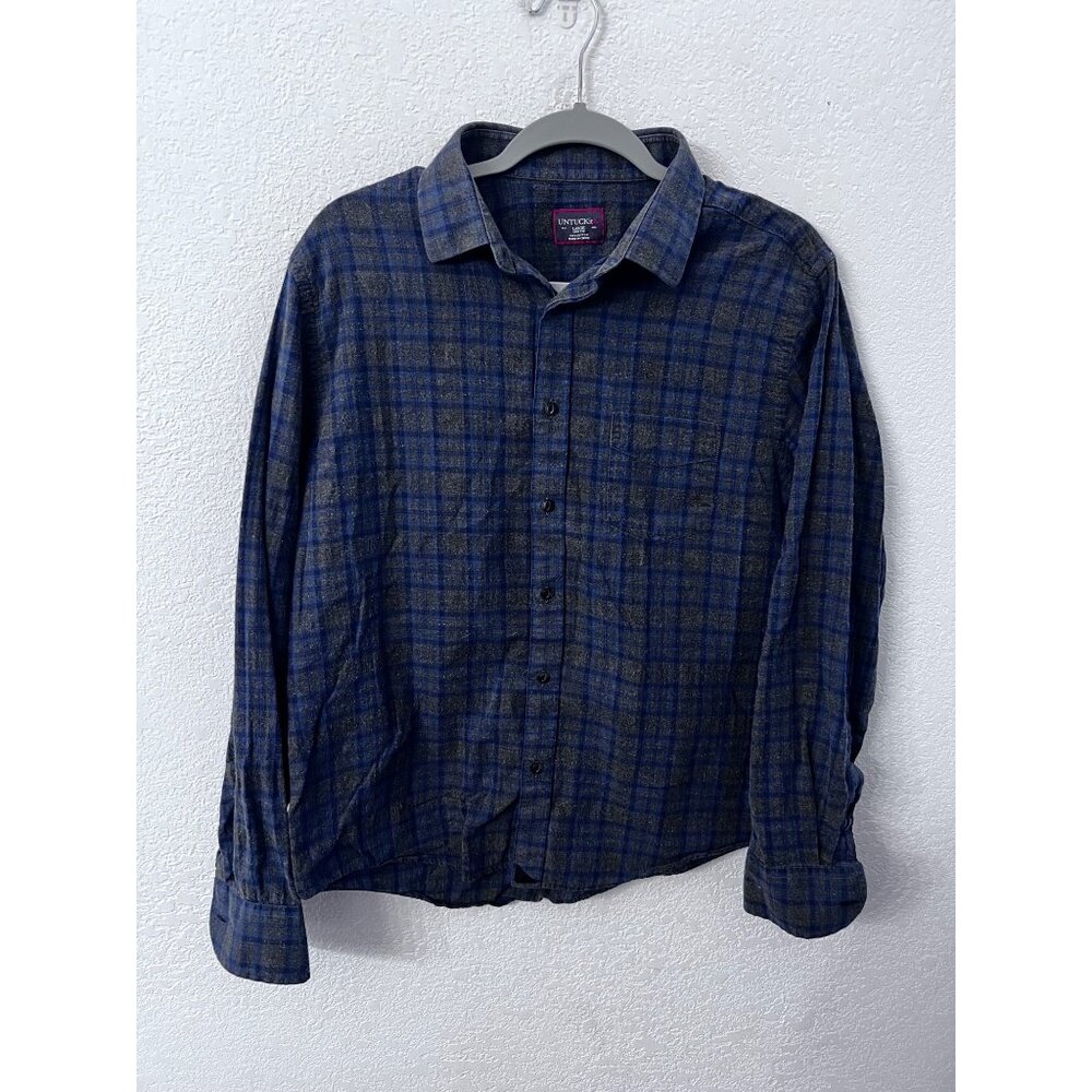 Untuckit Slim Fit Blue & Gray Plaid Button-Up Shirt mens size large